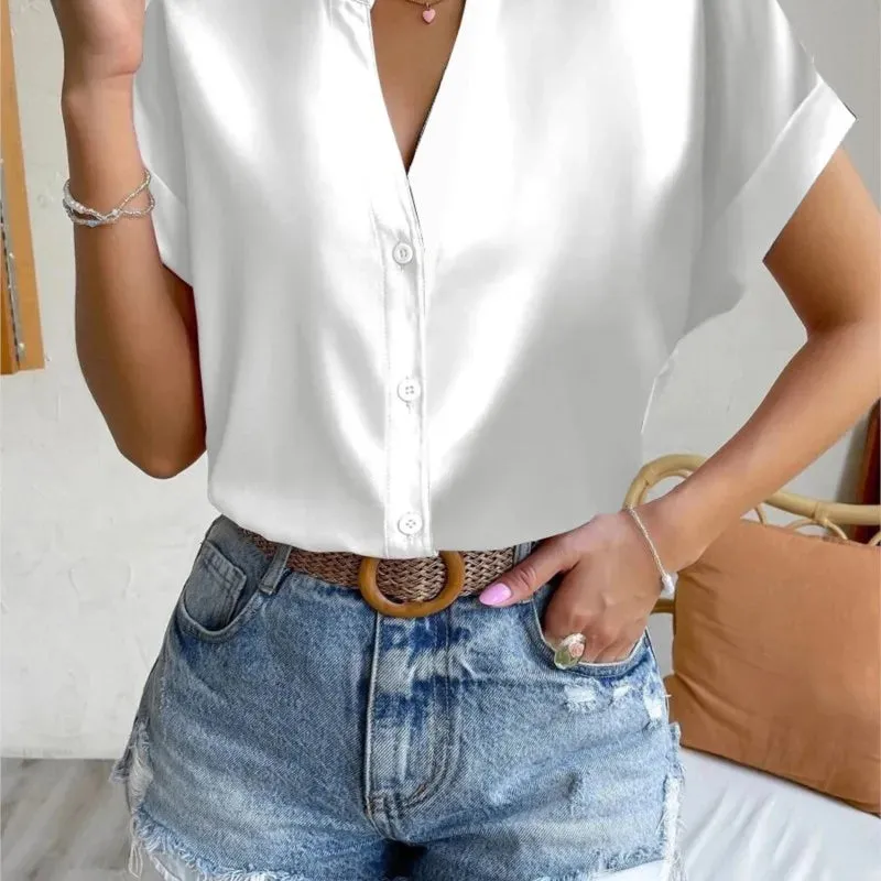 Summer Minimalist Women's V-neck Shirt 2023 Elegant Women's Satin Red Short Sleeved Single Breasted Casual Fitting Office Shirt