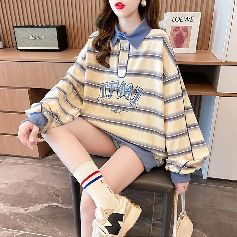 V-Neck Color Blocking Embroidery Cotton Fiber Stripe Sweatshirt