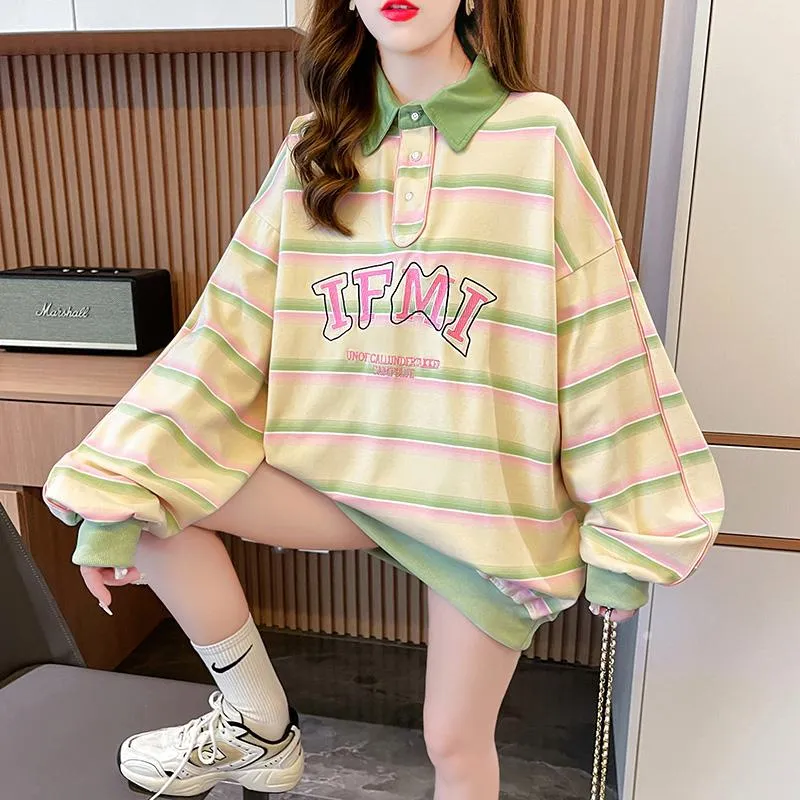 V-Neck Color Blocking Embroidery Cotton Fiber Stripe Sweatshirt