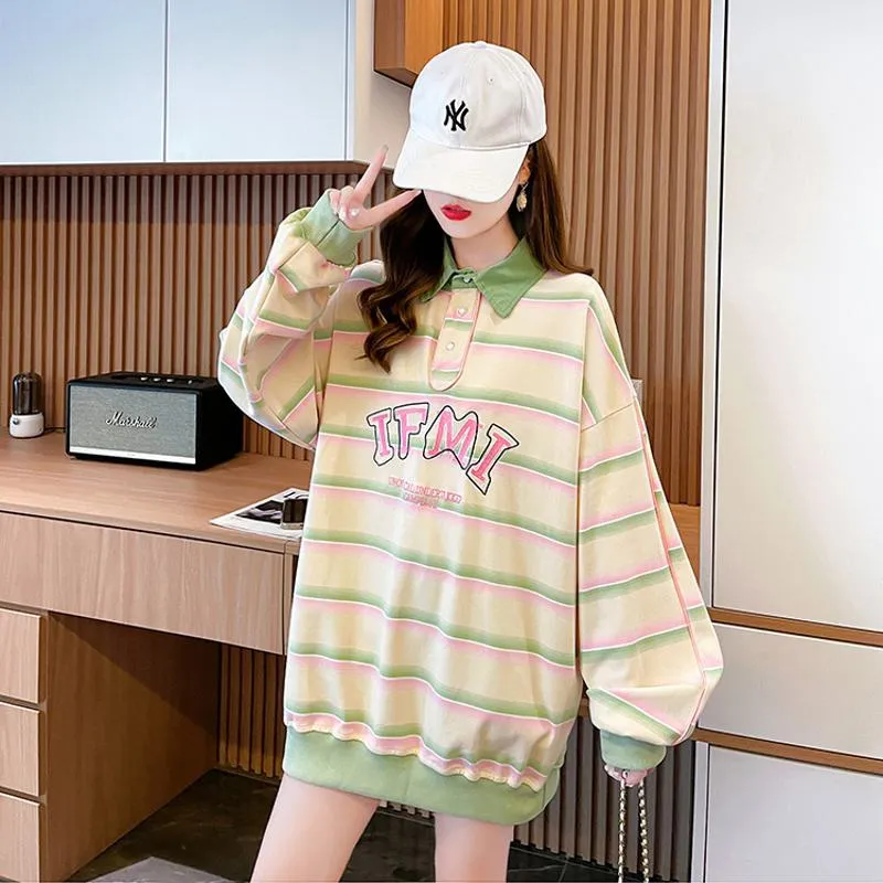 V-Neck Color Blocking Embroidery Cotton Fiber Stripe Sweatshirt