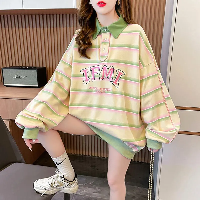 V-Neck Color Blocking Embroidery Cotton Fiber Stripe Sweatshirt