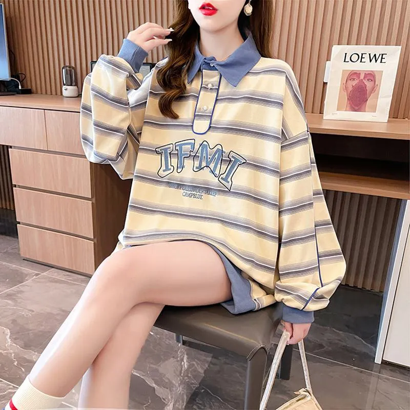 V-Neck Color Blocking Embroidery Cotton Fiber Stripe Sweatshirt