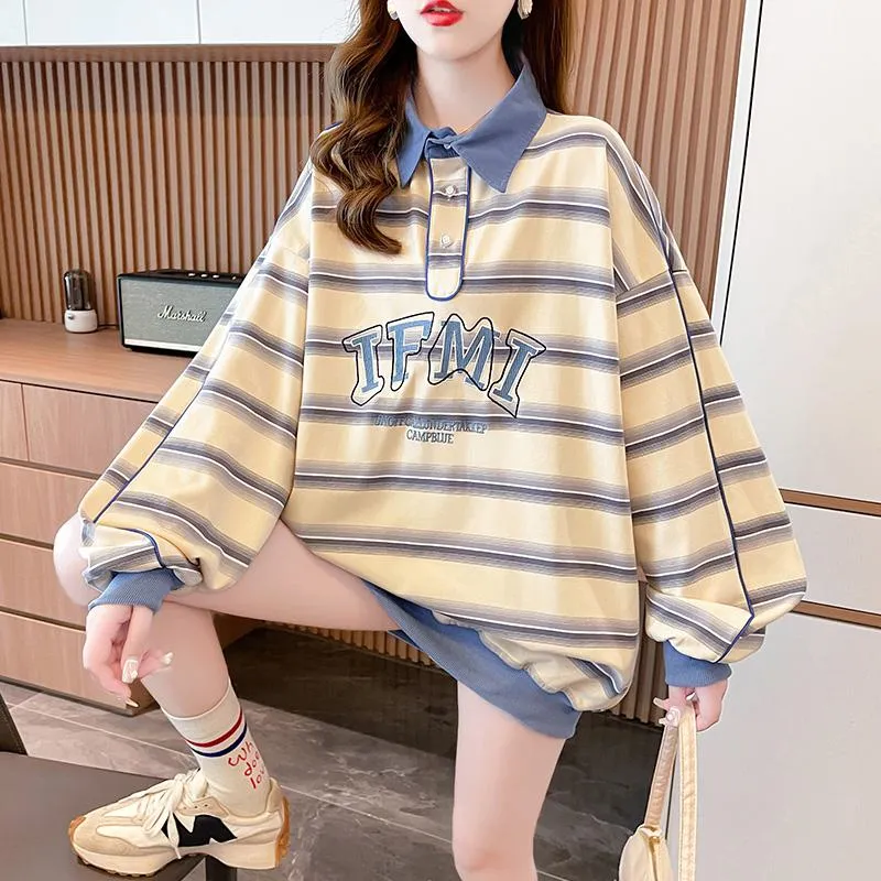 V-Neck Color Blocking Embroidery Cotton Fiber Stripe Sweatshirt