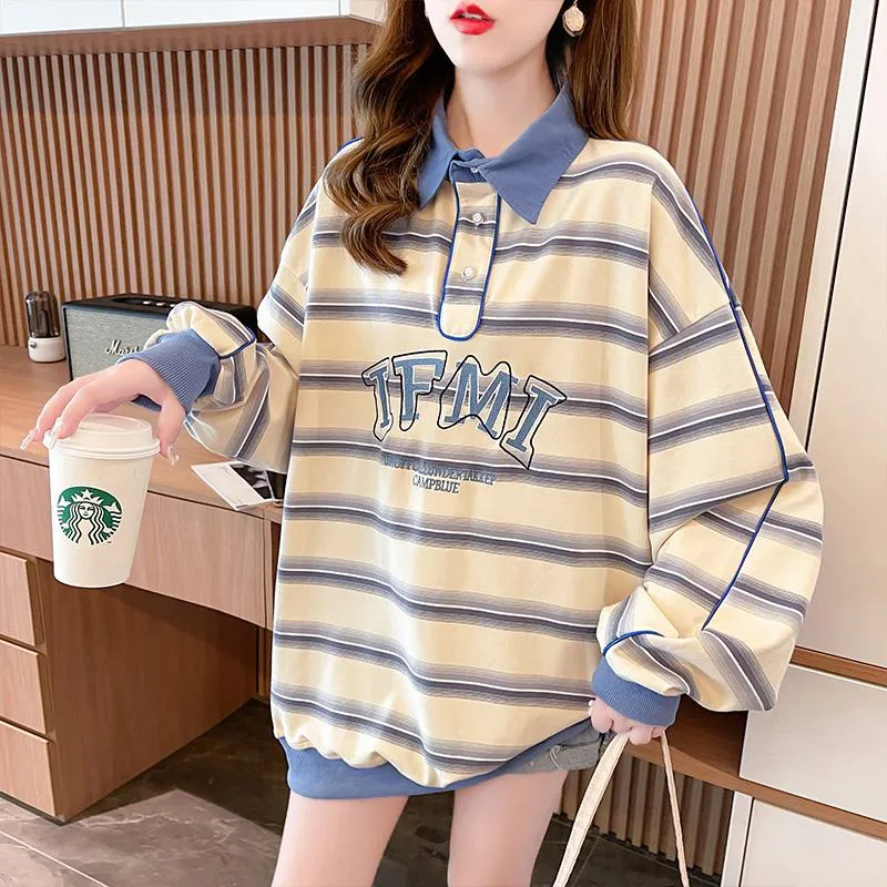 V-Neck Color Blocking Embroidery Cotton Fiber Stripe Sweatshirt