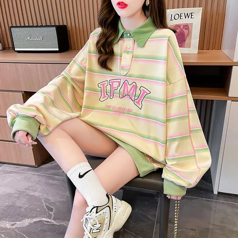 V-Neck Color Blocking Embroidery Cotton Fiber Stripe Sweatshirt