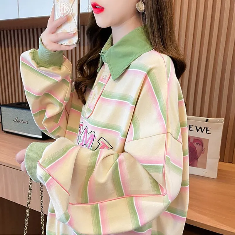 V-Neck Color Blocking Embroidery Cotton Fiber Stripe Sweatshirt