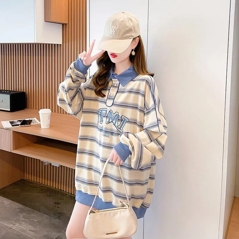 V-Neck Color Blocking Embroidery Cotton Fiber Stripe Sweatshirt