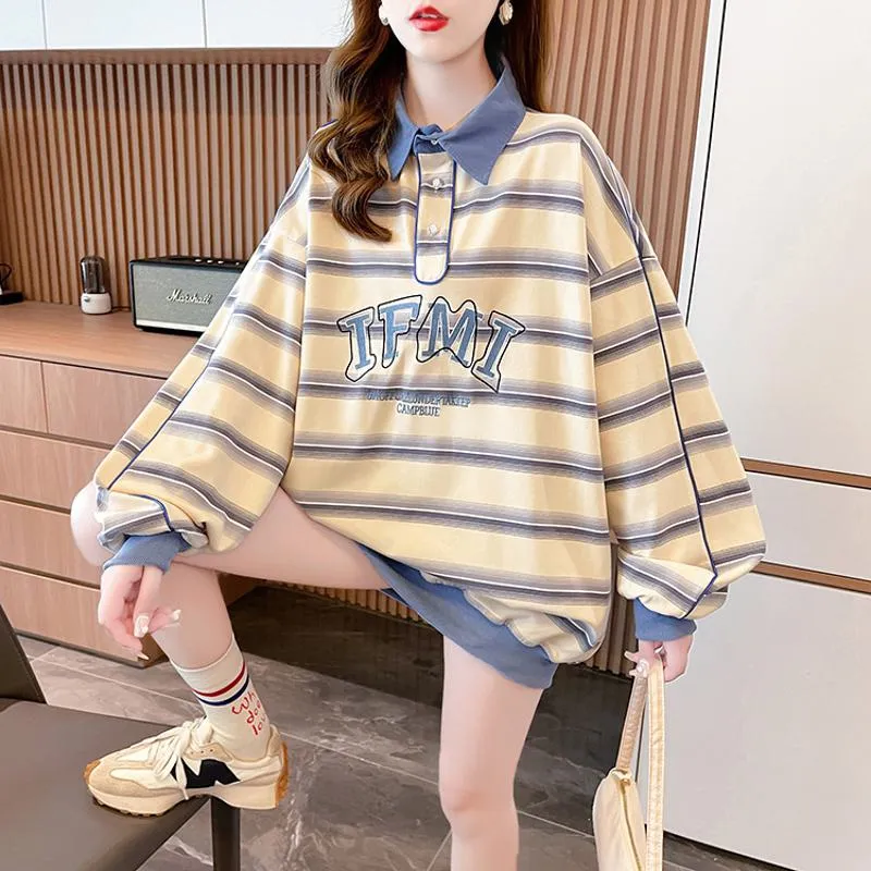 V-Neck Color Blocking Embroidery Cotton Fiber Stripe Sweatshirt