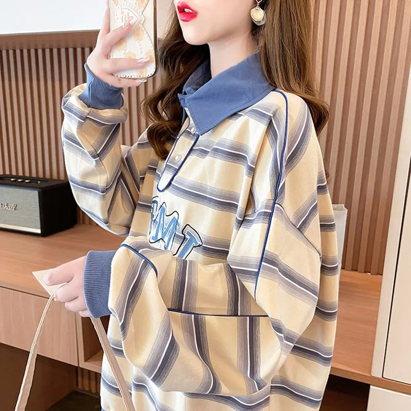 V-Neck Color Blocking Embroidery Cotton Fiber Stripe Sweatshirt