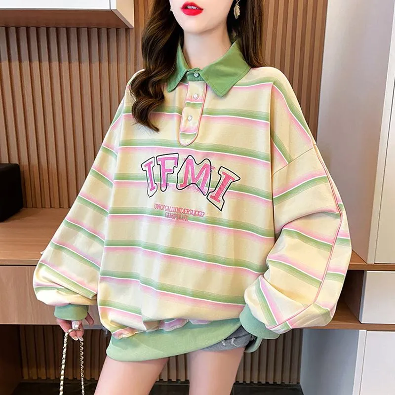 V-Neck Color Blocking Embroidery Cotton Fiber Stripe Sweatshirt