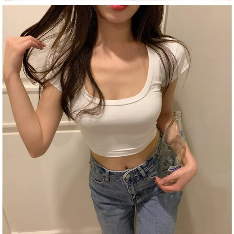 V-Neck Slim-Fit Navel-Baring Cropped Short Sleeve Tee