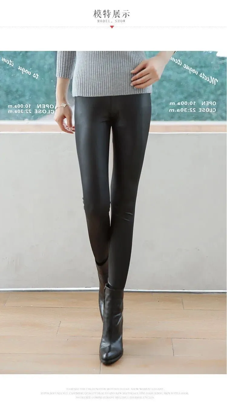 Velvet Lined Imitation Leather Leggings with High Waist - Cozy & Stylish - Size L to 6XL