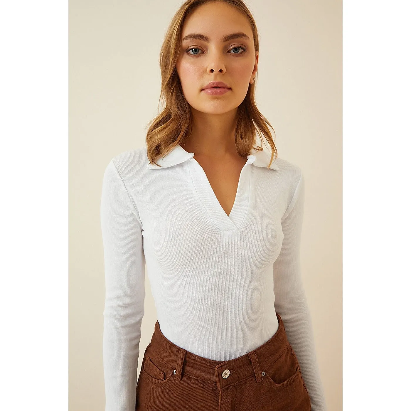 White Polo Corduroy Knitted Blouse