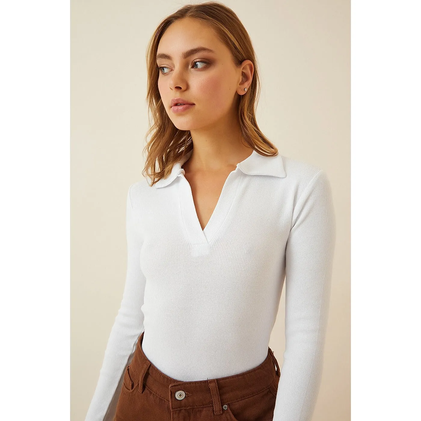 White Polo Corduroy Knitted Blouse