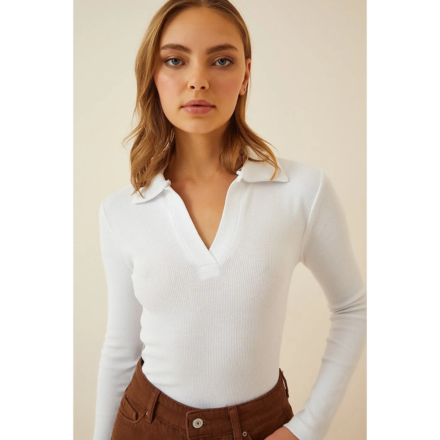 White Polo Corduroy Knitted Blouse