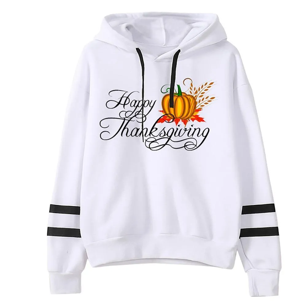 Winter And Autumn Women Blouse Fashion Casual Thanksgiving Letter  Print Long Sleeve Sweatshirt Hooded Pullover Tops Shirt