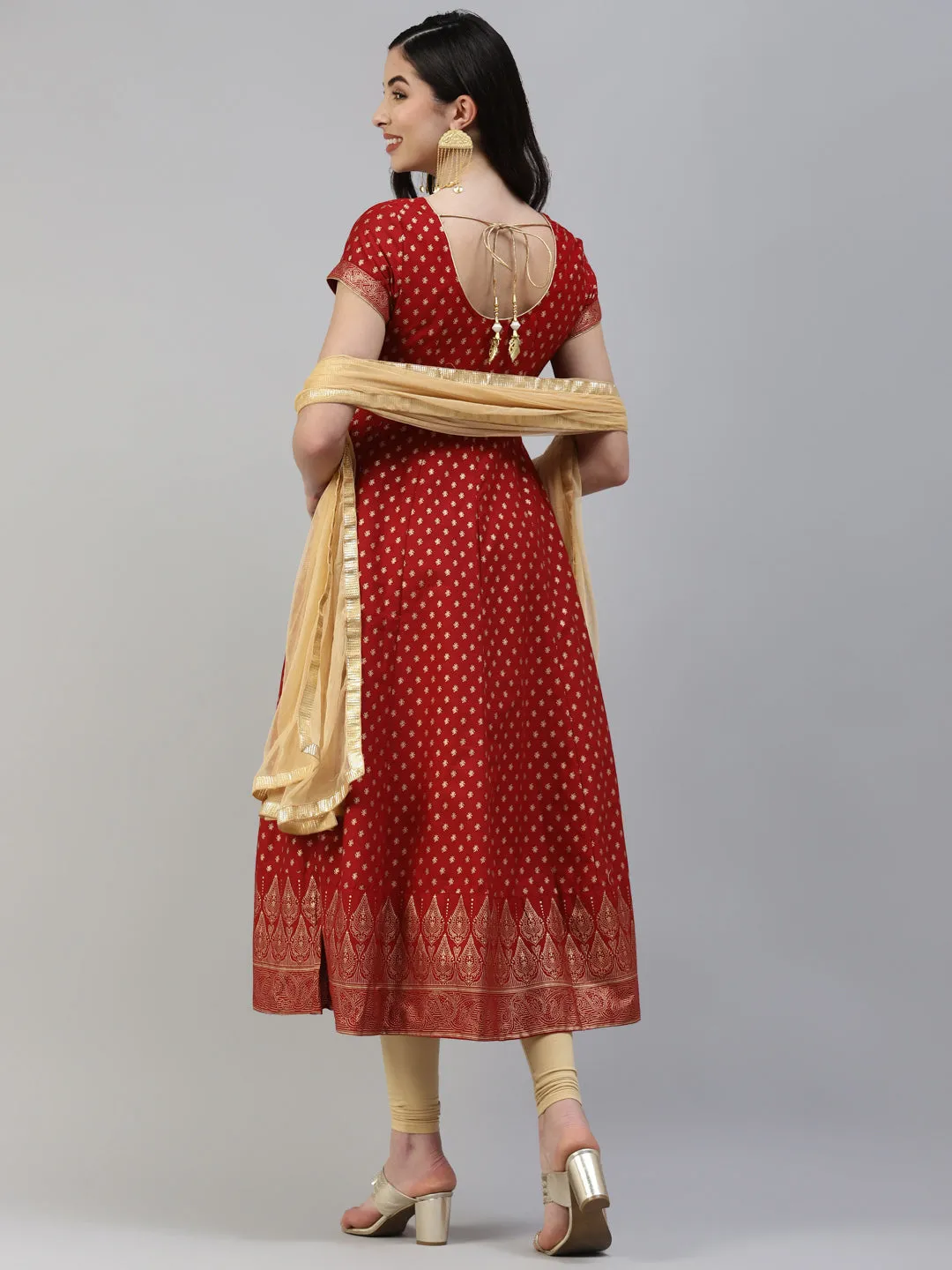 Women Red Gold Print  Anarkali Kurta With Viscose Leggings & Net Dupatta