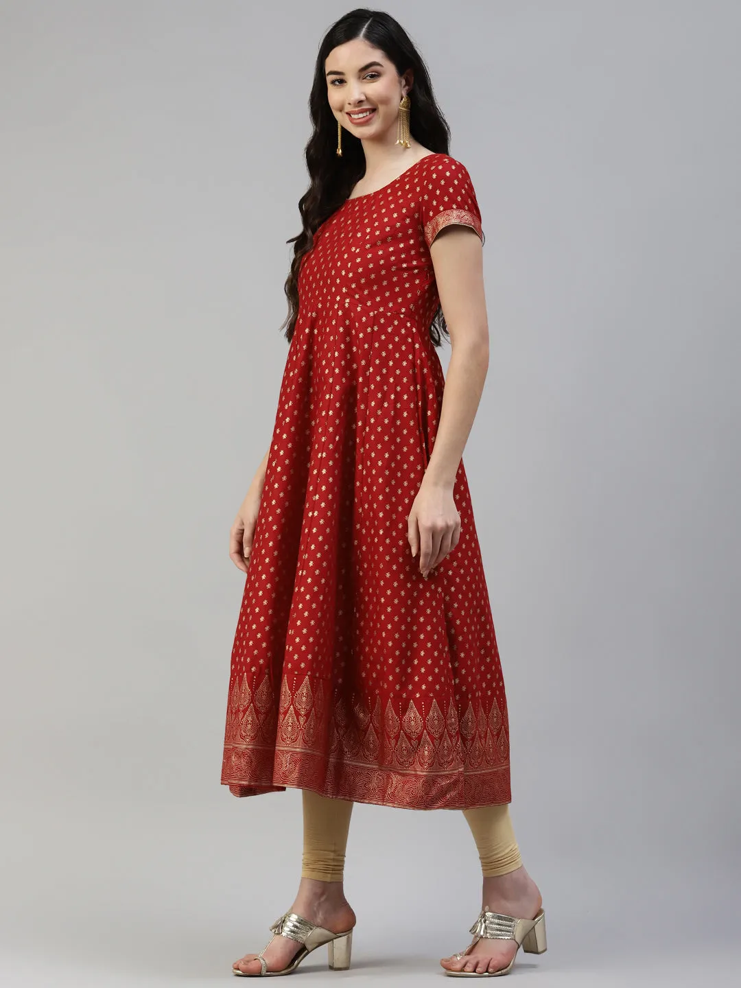 Women Red Gold Print  Anarkali Kurta With Viscose Leggings & Net Dupatta