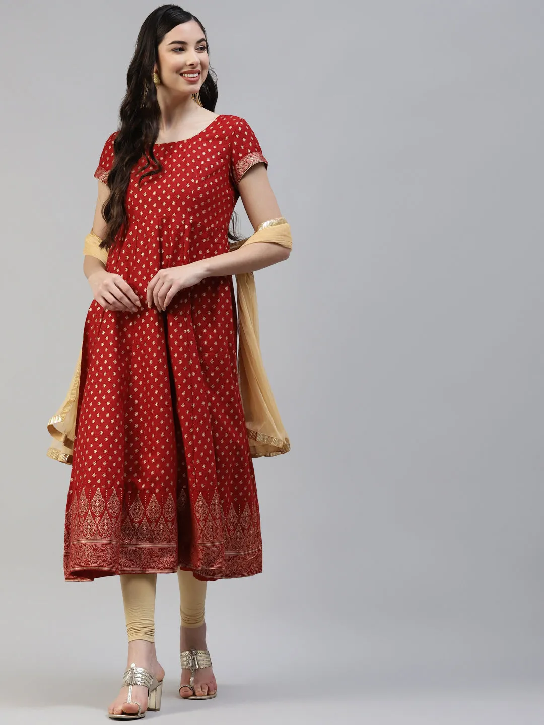 Women Red Gold Print  Anarkali Kurta With Viscose Leggings & Net Dupatta