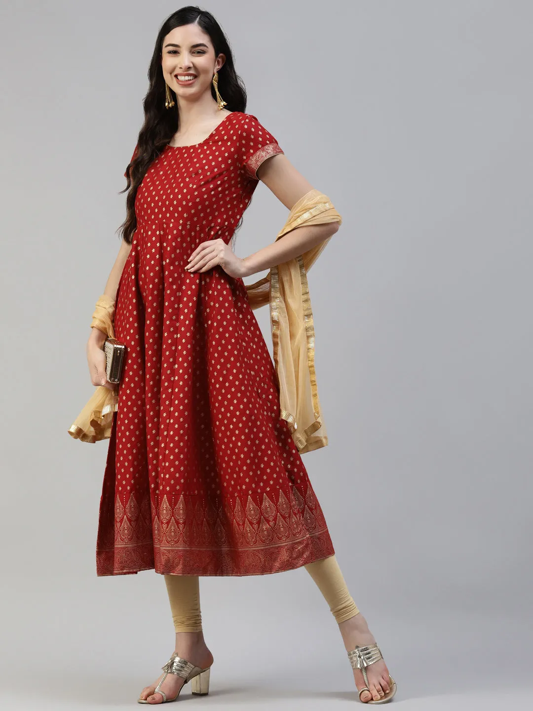 Women Red Gold Print  Anarkali Kurta With Viscose Leggings & Net Dupatta