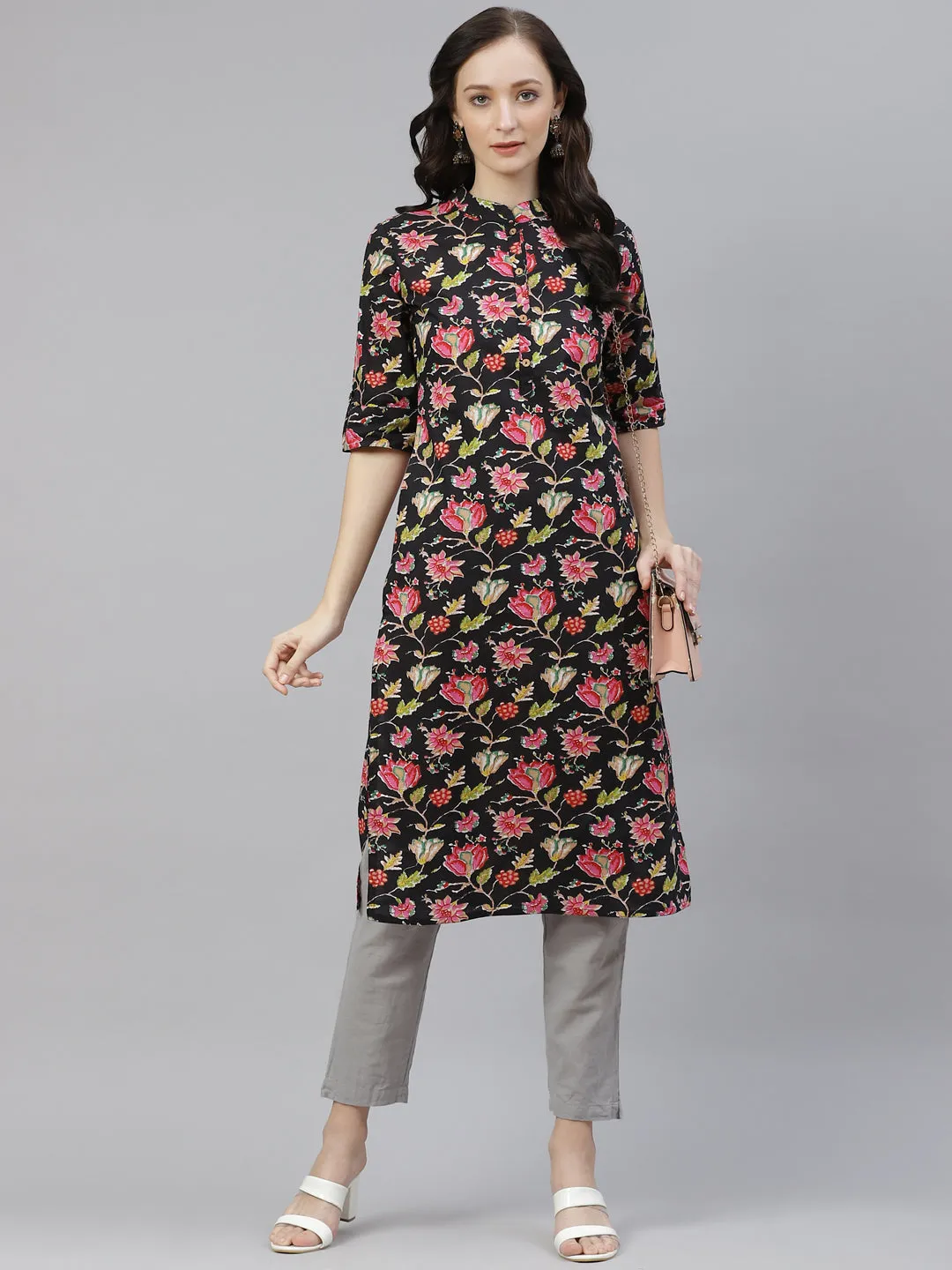 Women'S Black Floral Cotton Straight Kurti