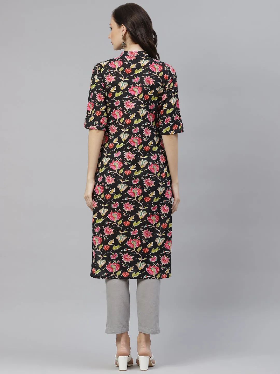 Women'S Black Floral Cotton Straight Kurti