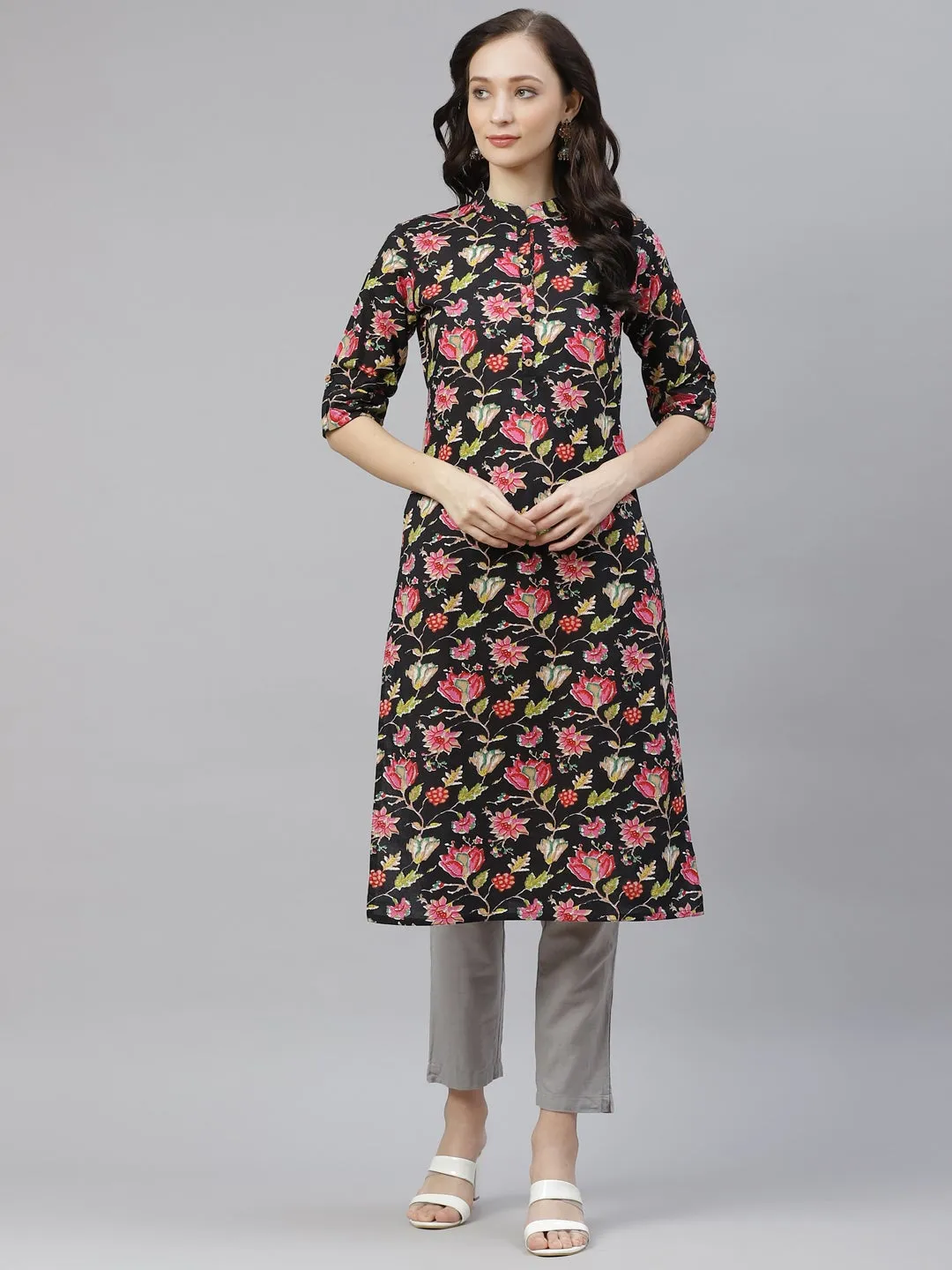 Women'S Black Floral Cotton Straight Kurti