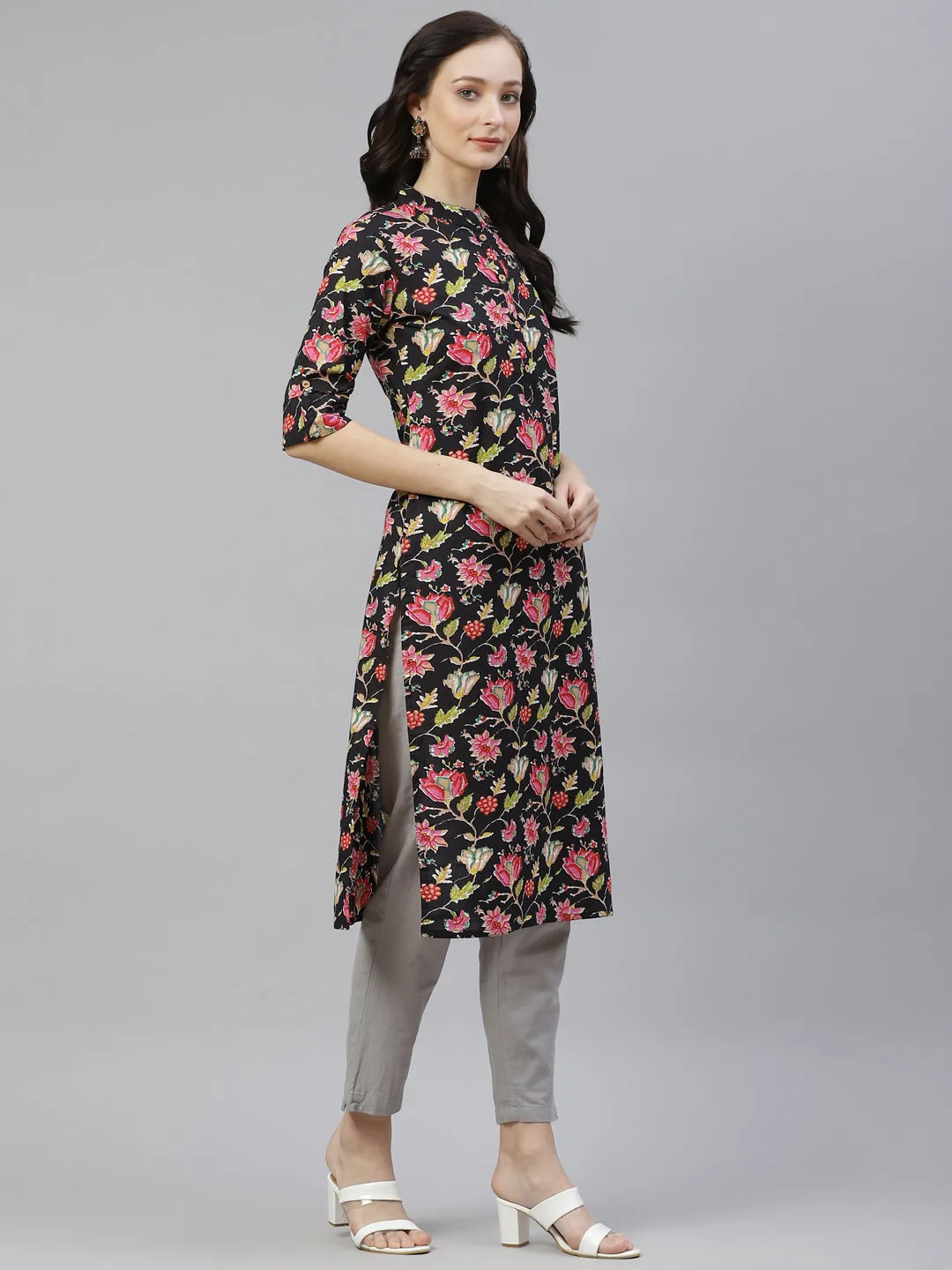 Women'S Black Floral Cotton Straight Kurti