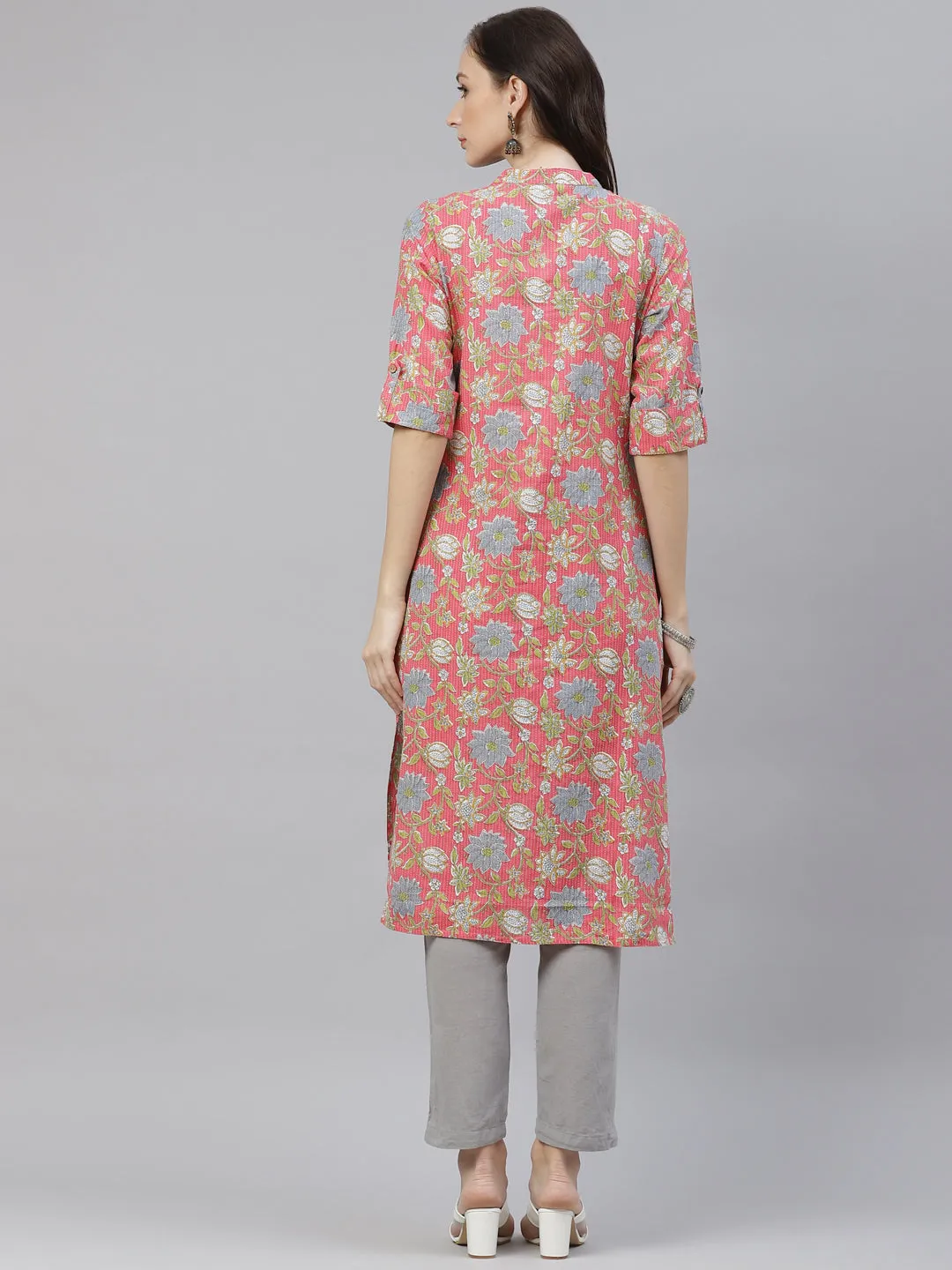 Women'S Pink Floral Print Cotton Straight Kurta