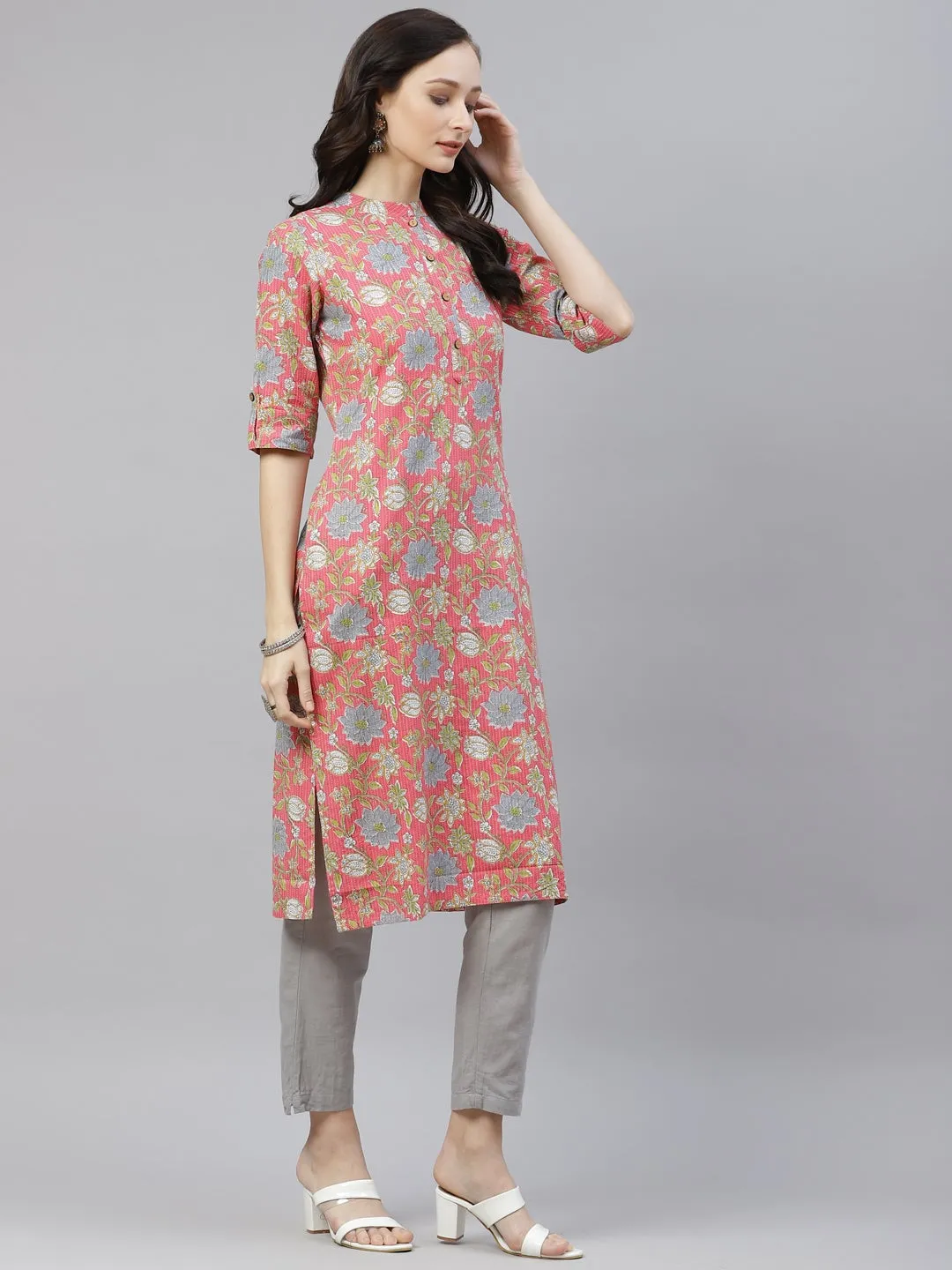 Women'S Pink Floral Print Cotton Straight Kurta