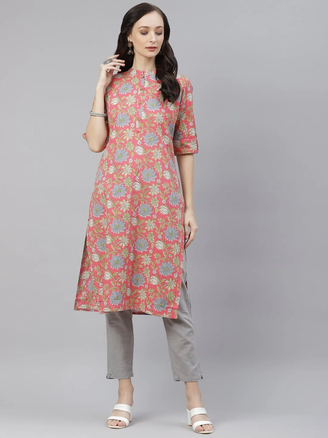 Women'S Pink Floral Print Cotton Straight Kurta