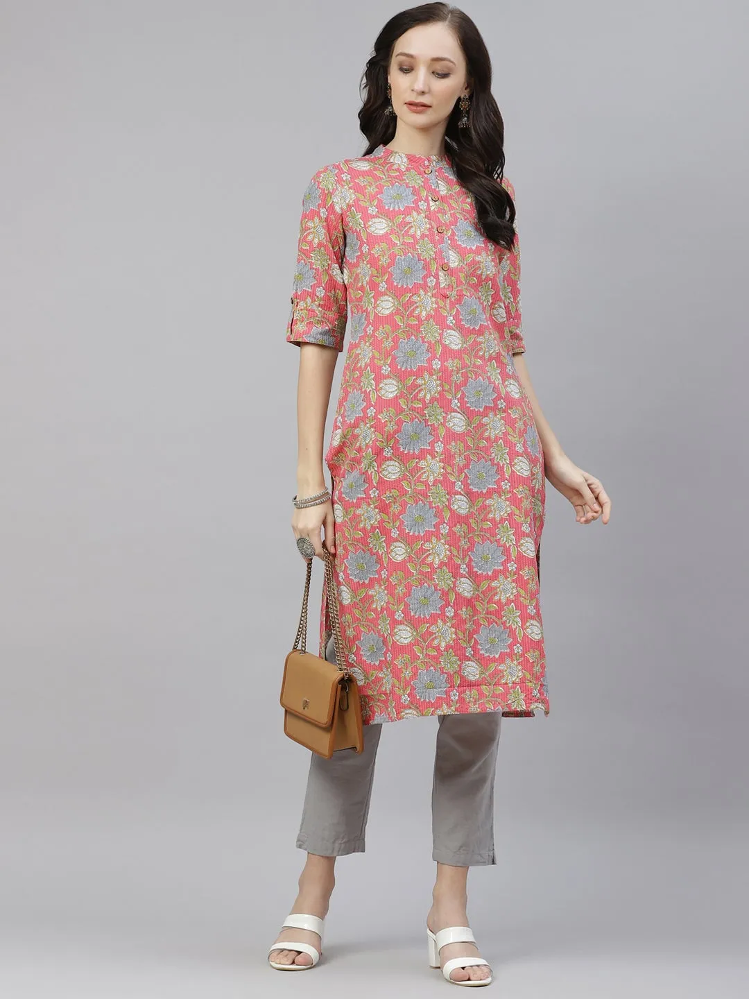 Women'S Pink Floral Print Cotton Straight Kurta