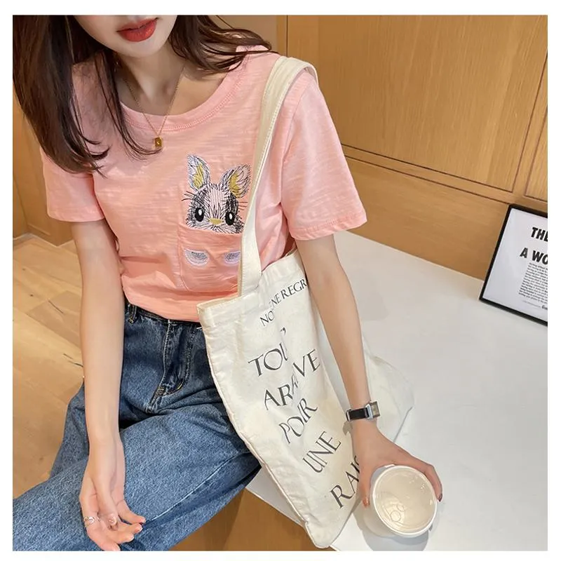 Women's T-Shirt Unique Bunny Pocket Round Neck Short Sleeve Tee