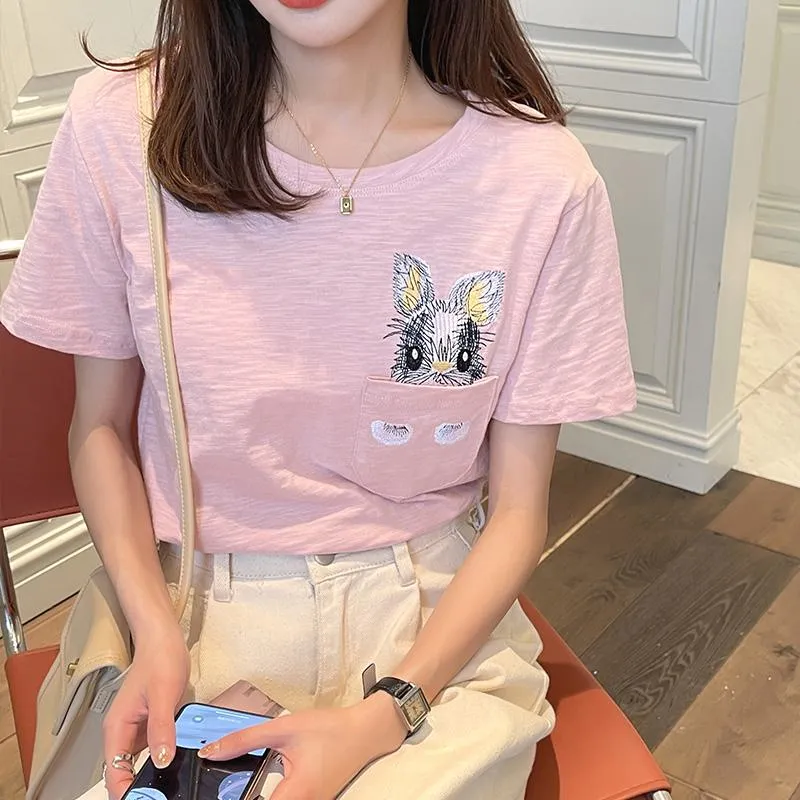 Women's T-Shirt Unique Bunny Pocket Round Neck Short Sleeve Tee