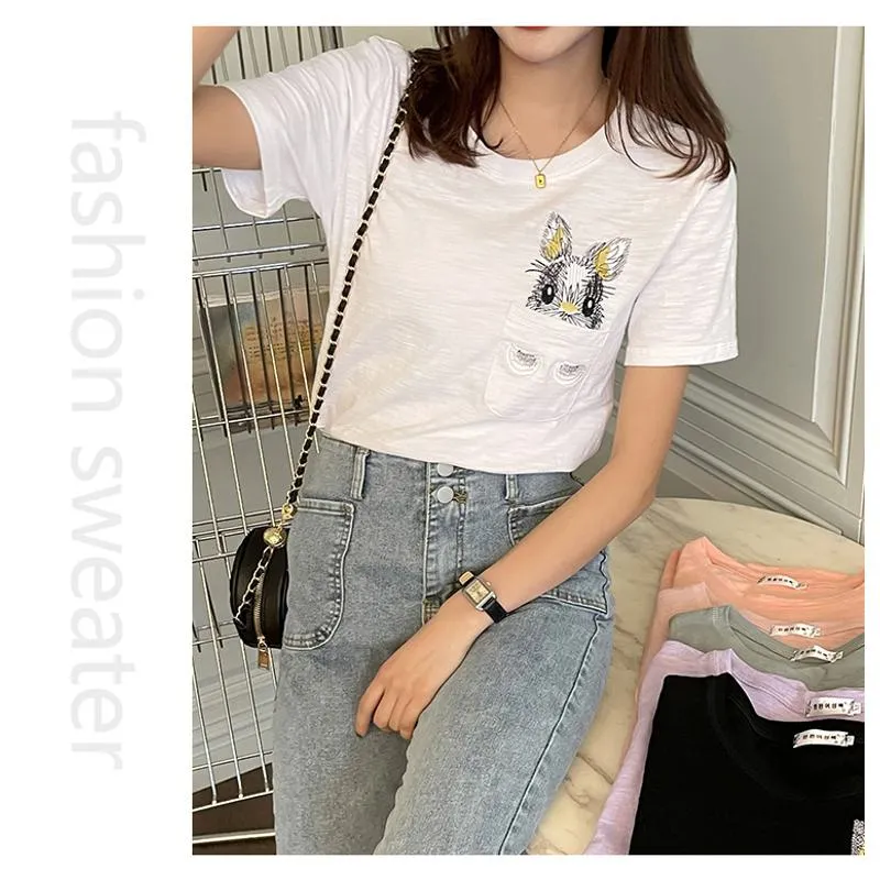 Women's T-Shirt Unique Bunny Pocket Round Neck Short Sleeve Tee