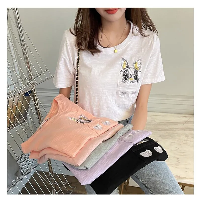 Women's T-Shirt Unique Bunny Pocket Round Neck Short Sleeve Tee