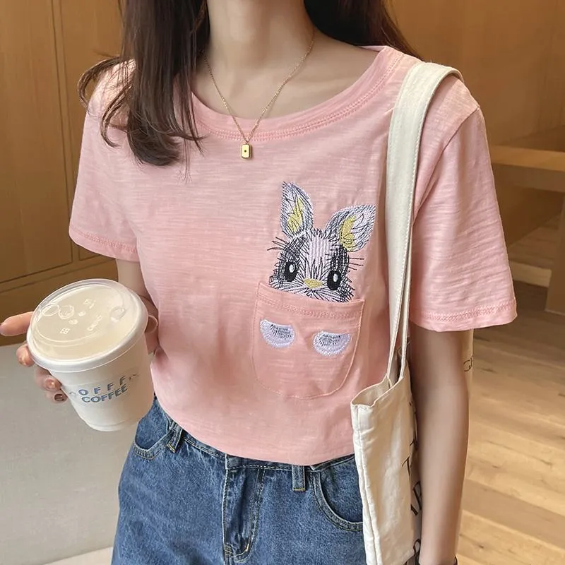 Women's T-Shirt Unique Bunny Pocket Round Neck Short Sleeve Tee