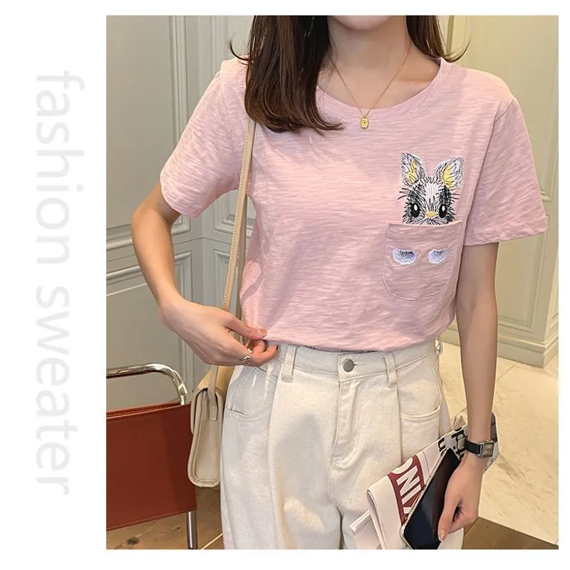 Women's T-Shirt Unique Bunny Pocket Round Neck Short Sleeve Tee