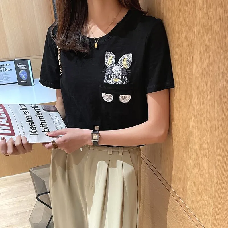 Women's T-Shirt Unique Bunny Pocket Round Neck Short Sleeve Tee