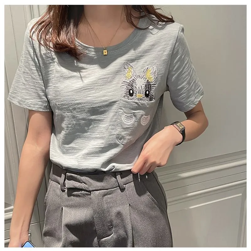 Women's T-Shirt Unique Bunny Pocket Round Neck Short Sleeve Tee