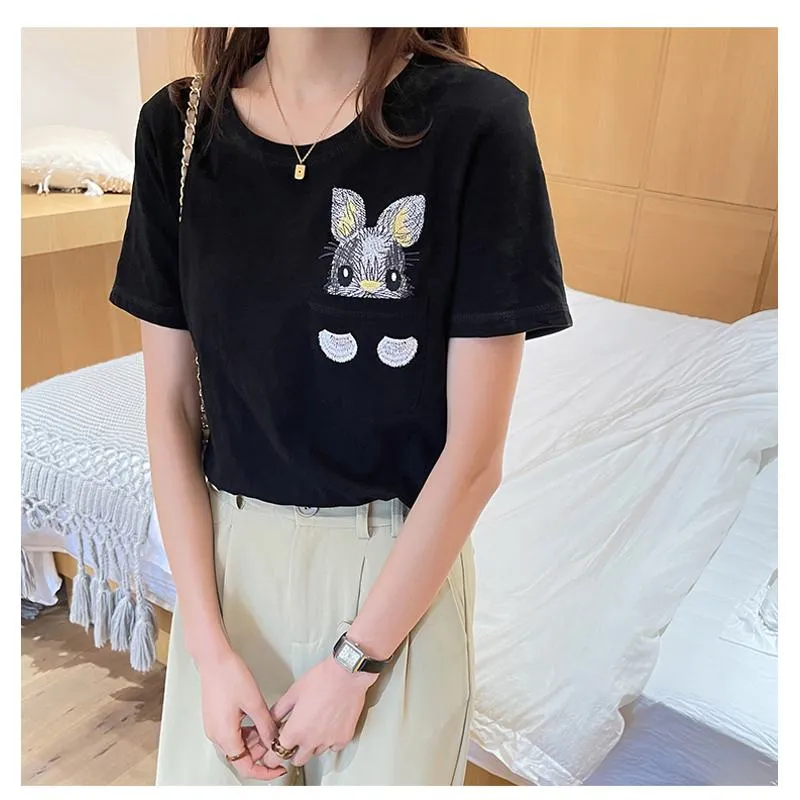 Women's T-Shirt Unique Bunny Pocket Round Neck Short Sleeve Tee