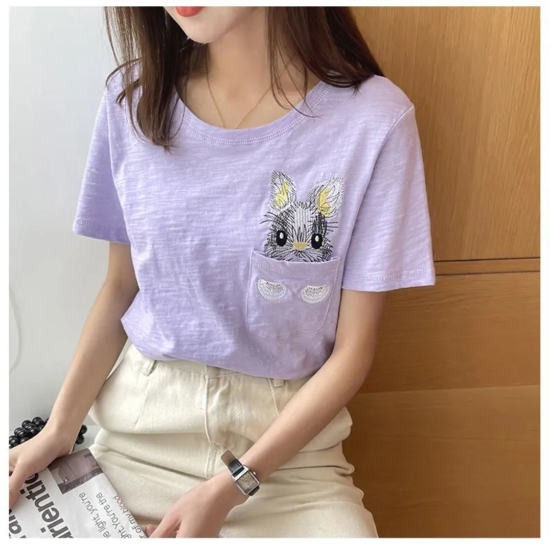 Women's T-Shirt Unique Bunny Pocket Round Neck Short Sleeve Tee