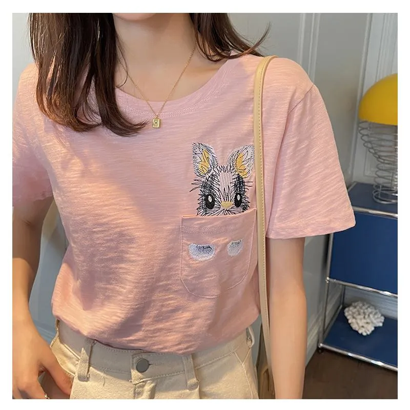 Women's T-Shirt Unique Bunny Pocket Round Neck Short Sleeve Tee