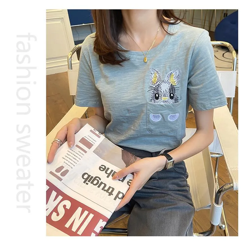 Women's T-Shirt Unique Bunny Pocket Round Neck Short Sleeve Tee