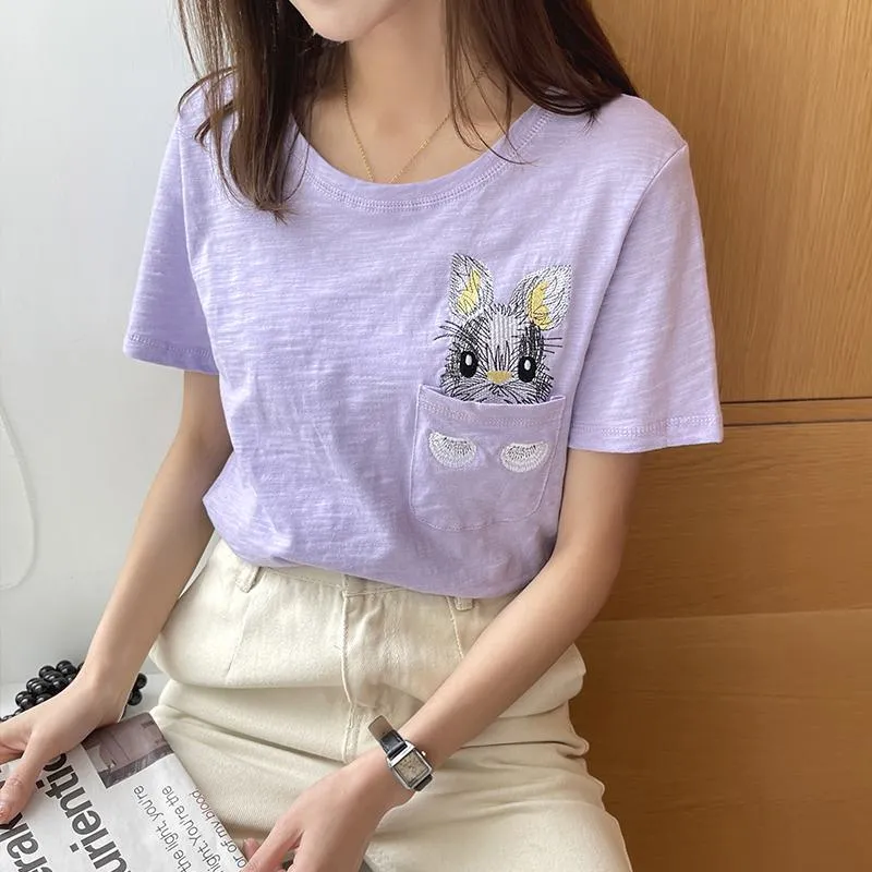 Women's T-Shirt Unique Bunny Pocket Round Neck Short Sleeve Tee