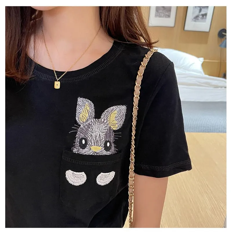 Women's T-Shirt Unique Bunny Pocket Round Neck Short Sleeve Tee