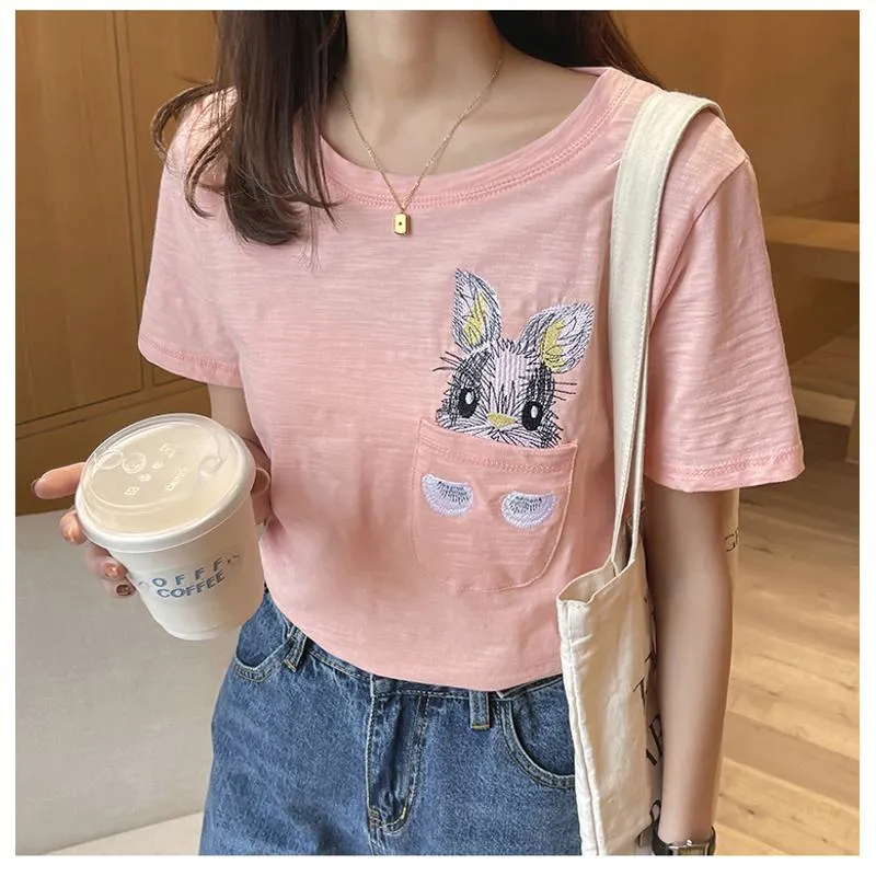 Women's T-Shirt Unique Bunny Pocket Round Neck Short Sleeve Tee