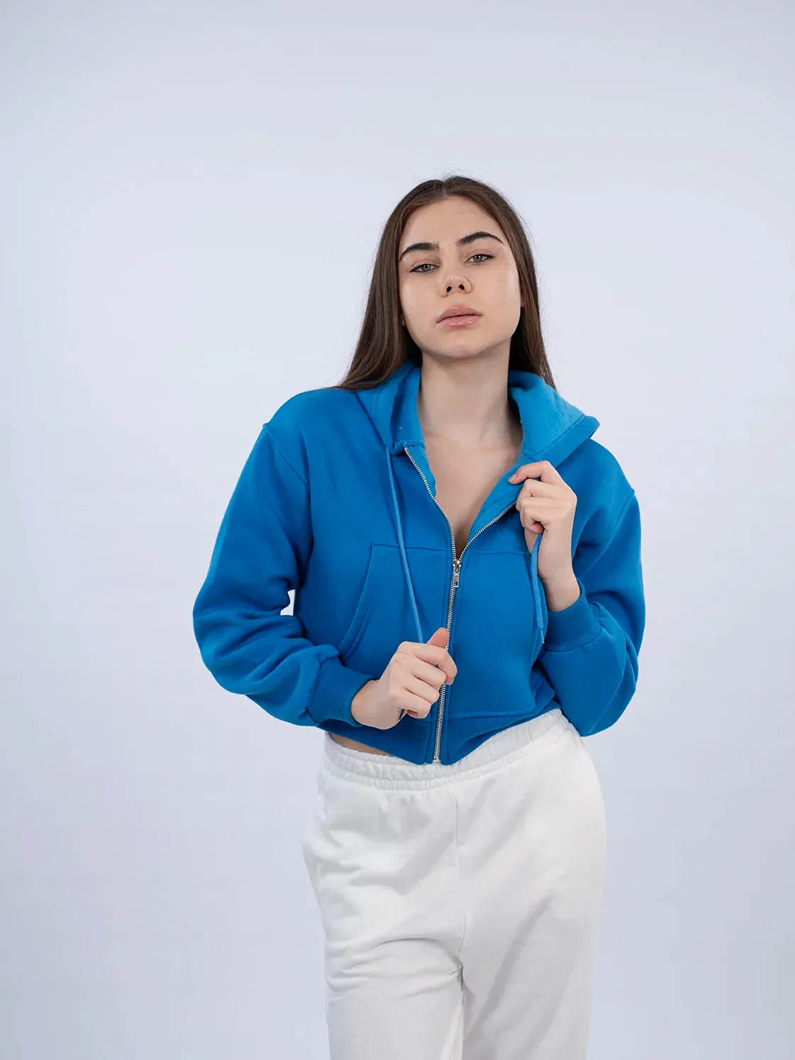 Zippered Blue Crop Hoodie